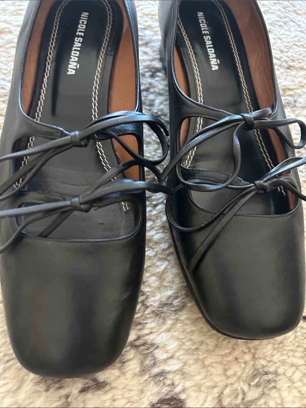 Nicole Saldana Black Leather Lace-Up Low Block Heel Pumps - Picture 4 of 5